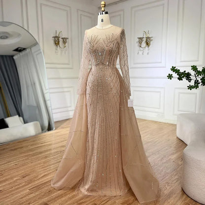 Serene Hill Muslim Beige Elegant Overskirt Mermaid Luxury Beaded Gold Evening Dresses Gowns 2025 For Woman Party LA72528 - SERENE HILL