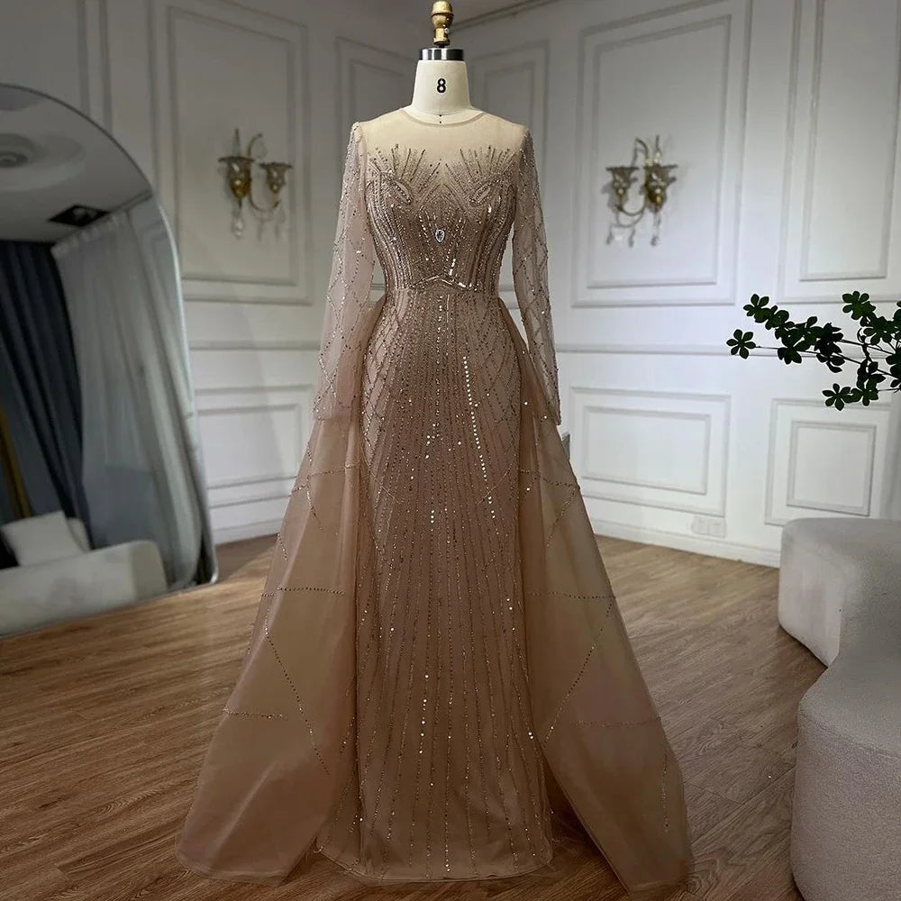 Serene Hill Muslim Beige Elegant Overskirt Mermaid Luxury Beaded Gold Evening Dresses Gowns 2025 For Woman Party LA72528 - SERENE HILL
