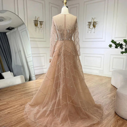 Serene Hill Muslim Beige Elegant Overskirt Mermaid Luxury Beaded Gold Evening Dresses Gowns 2025 For Woman Party LA72528 - SERENE HILL