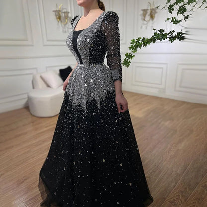 Serene Hill Muslim Black A-Line Evening Dresses Gowns 2025 Sequined Beaded Luxury For Woman Wedding Party LA71214 - SERENE HILL