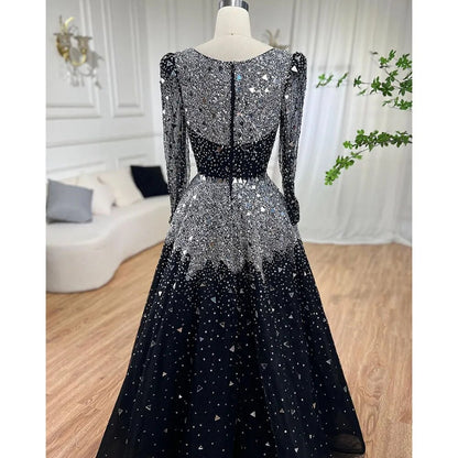 Serene Hill Muslim Black A-Line Evening Dresses Gowns 2025 Sequined Beaded Luxury For Woman Wedding Party LA71214 - SERENE HILL