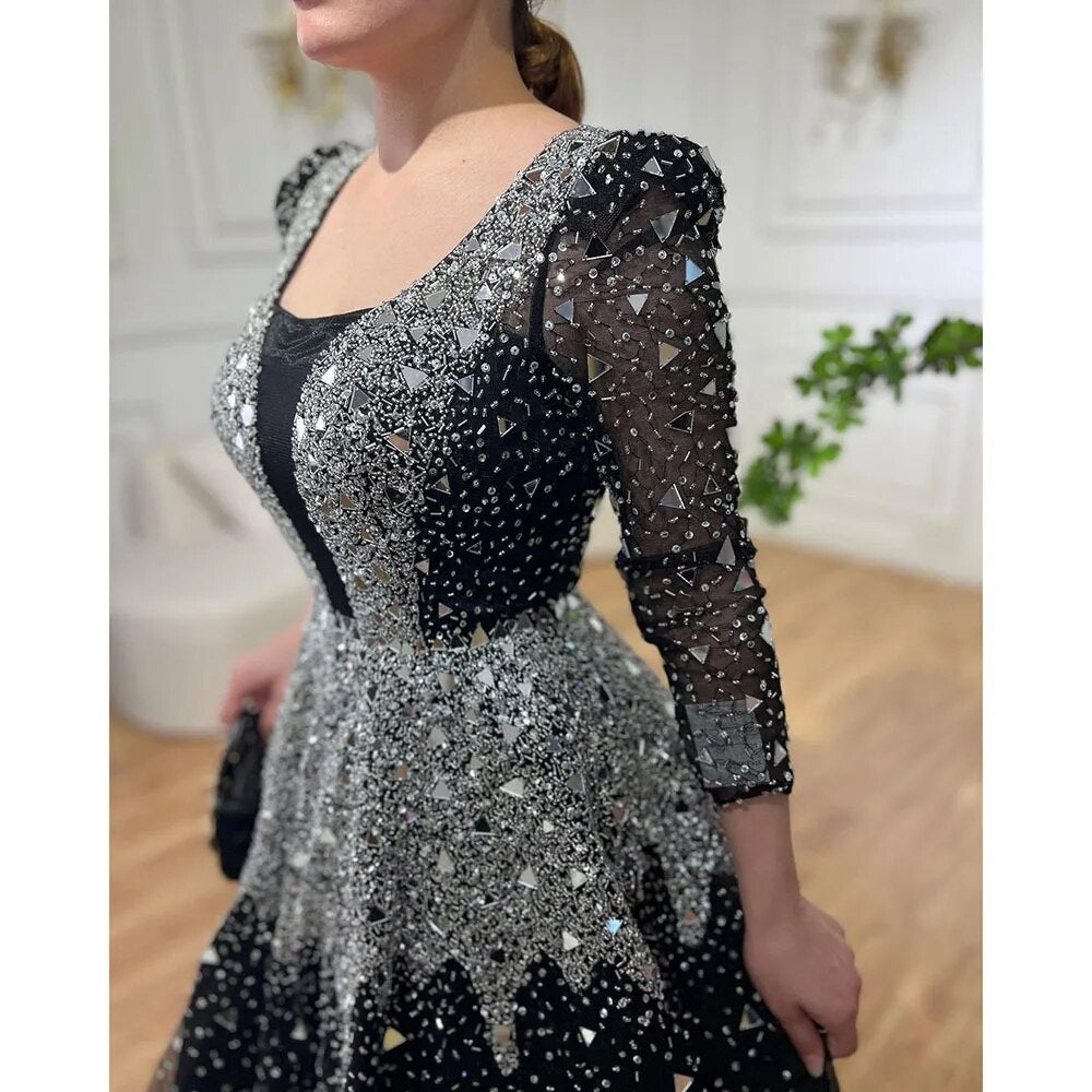 Serene Hill Muslim Black A-Line Evening Dresses Gowns 2025 Sequined Beaded Luxury For Woman Wedding Party LA71214 - SERENE HILL