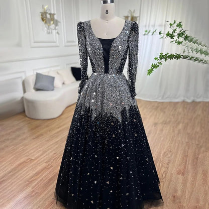 Serene Hill Muslim Black A-Line Evening Dresses Gowns 2025 Sequined Beaded Luxury For Woman Wedding Party LA71214 - SERENE HILL