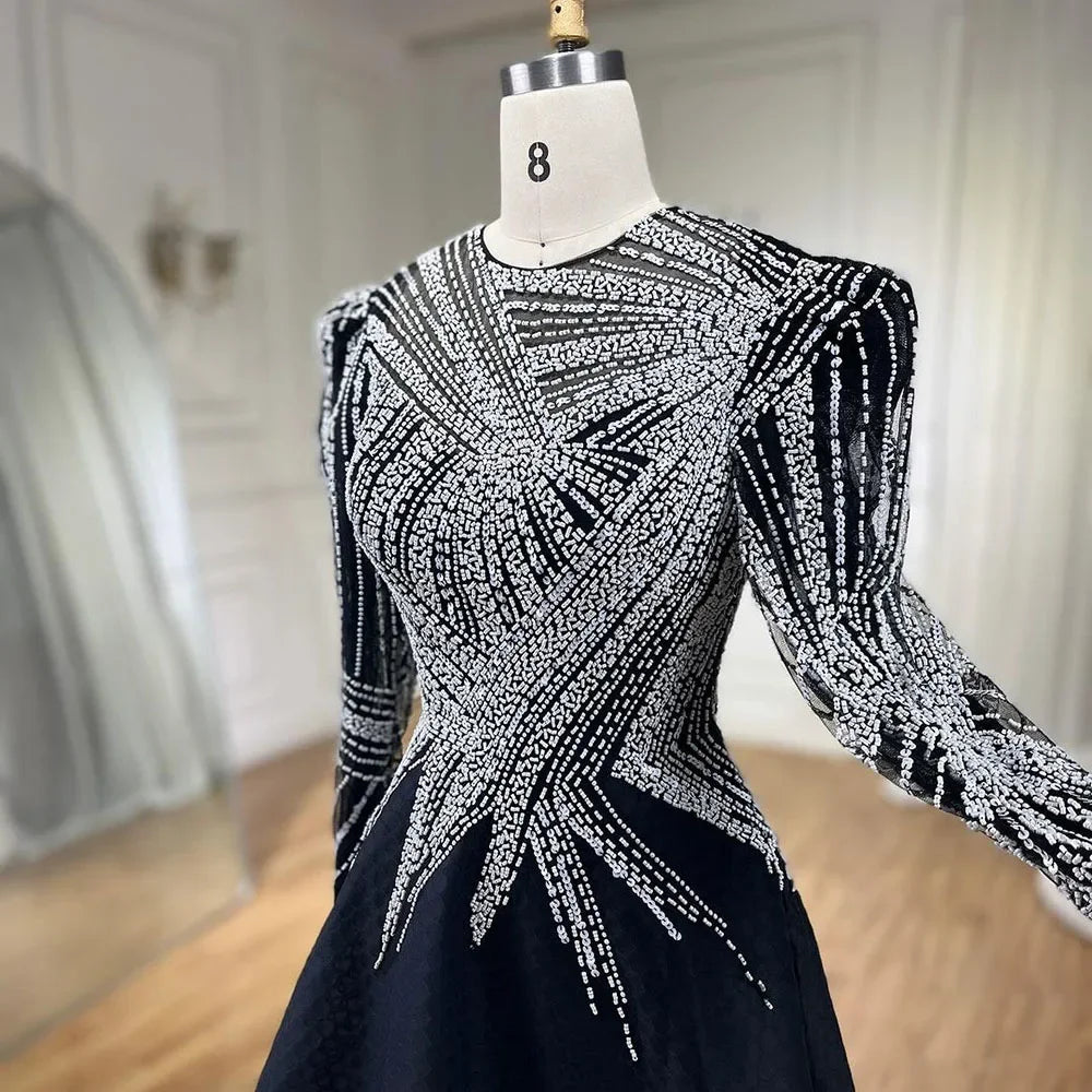 Luxury Black Short Muslim Evening Dress Long Sleeve LA71290 - SERENE HILL