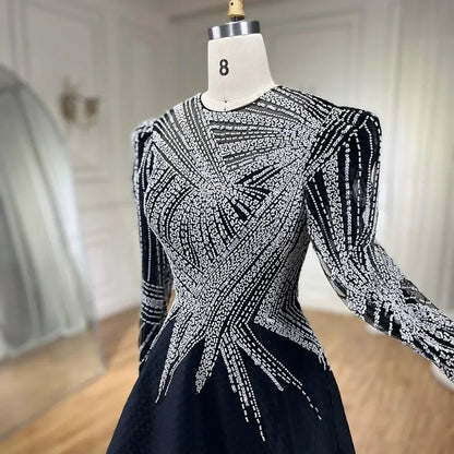 Luxury Black Short Muslim Evening Dress Long Sleeve LA71290 - SERENE HILL