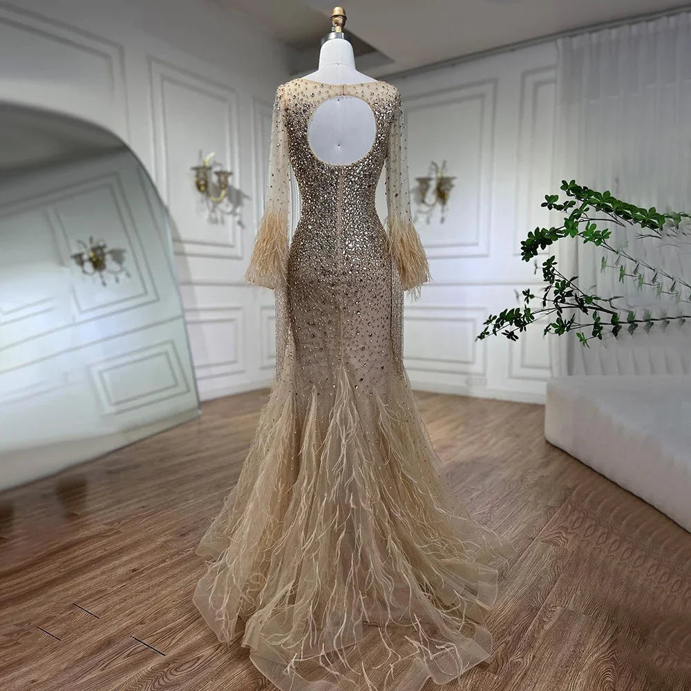 Muslim Silver Feathers Beaded Tassel Luxury Arabic Evening Dress Gown LA60912 - SERENE HILL