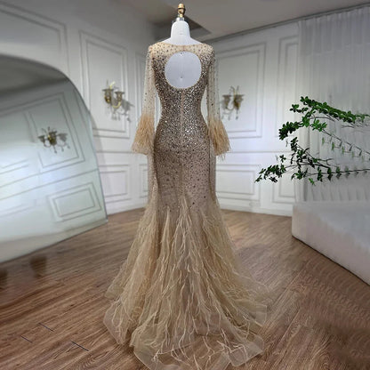 Muslim Silver Feathers Beaded Tassel Luxury Arabic Evening Dress Gown LA60912 - SERENE HILL