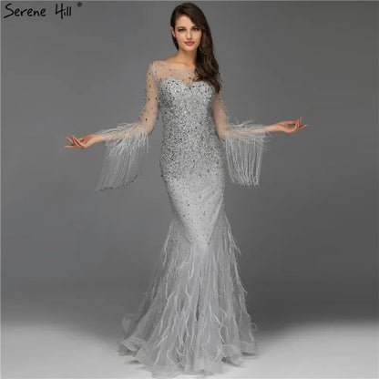 Muslim Silver Feathers Beaded Tassel Luxury Arabic Evening Dress Gown LA60912 - SERENE HILL