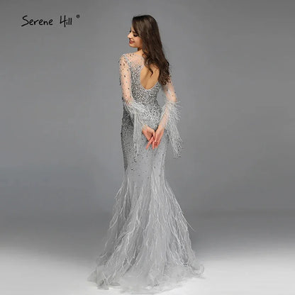 Muslim Silver Feathers Beaded Tassel Luxury Arabic Evening Dress Gown LA60912 - SERENE HILL