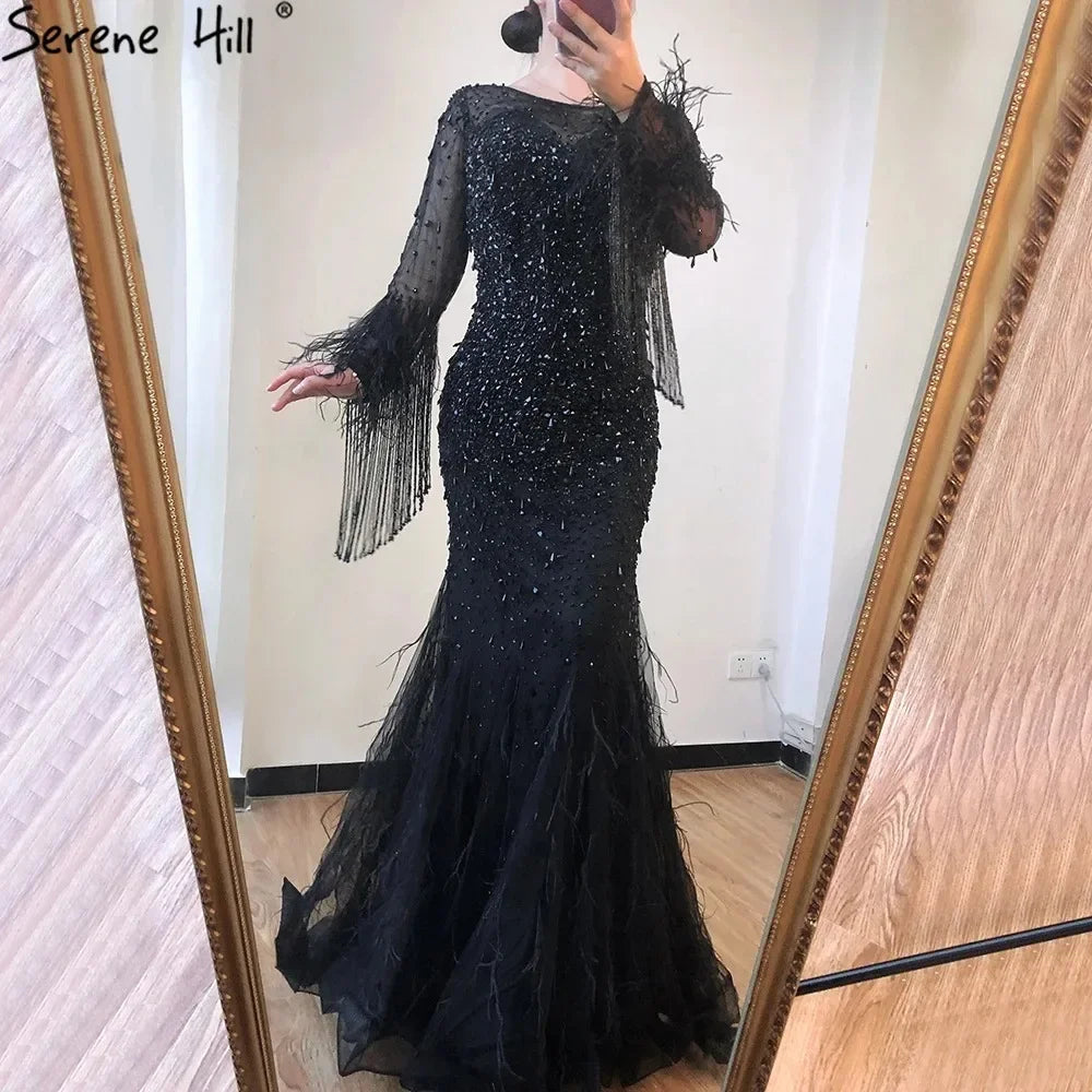Muslim Silver Feathers Beaded Tassel Luxury Arabic Evening Dress Gown LA60912 - SERENE HILL