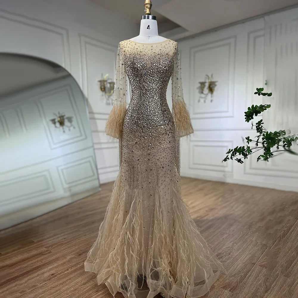 Muslim Silver Feathers Beaded Tassel Luxury Arabic Evening Dress Gown LA60912 - SERENE HILL