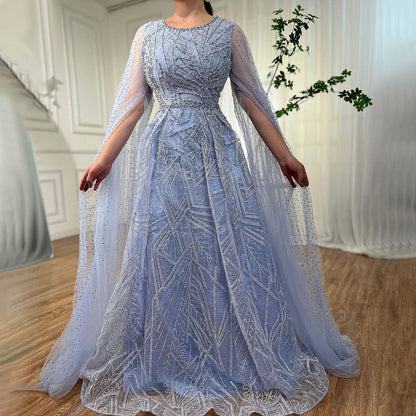 Serene Hill Muslim Blue A Line Cape Sleeves Beaded Luxury Dubai Long Evening Dresses Gowns 2025 For Women Wedding Party LA72153 - SERENE HILL