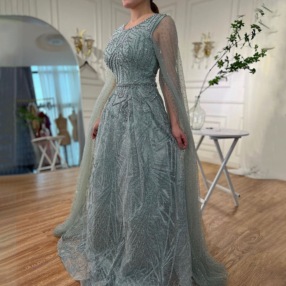 Serene Hill Muslim Blue A Line Cape Sleeves Beaded Luxury Dubai Long Evening Dresses Gowns 2025 For Women Wedding Party LA72153 - SERENE HILL
