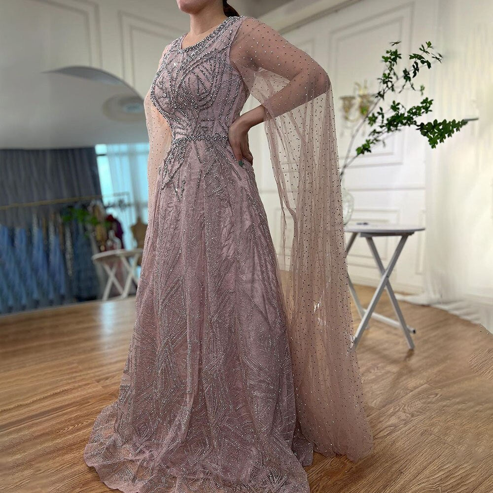 Serene Hill Muslim Blue A Line Cape Sleeves Beaded Luxury Dubai Long Evening Dresses Gowns 2025 For Women Wedding Party LA72153 - SERENE HILL