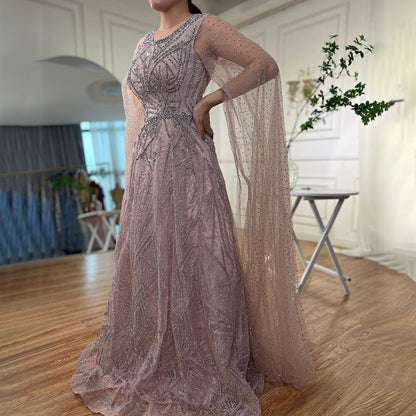 Serene Hill Muslim Blue A Line Cape Sleeves Beaded Luxury Dubai Long Evening Dresses Gowns 2025 For Women Wedding Party LA72153 - SERENE HILL