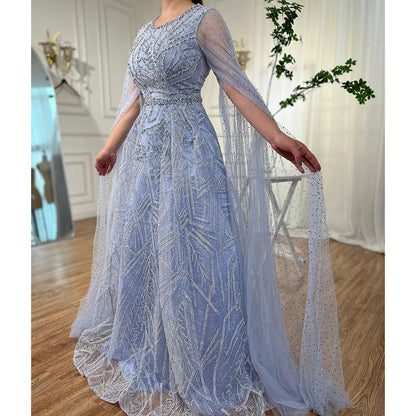 Serene Hill Muslim Blue A Line Cape Sleeves Beaded Luxury Dubai Long Evening Dresses Gowns 2025 For Women Wedding Party LA72153 - SERENE HILL