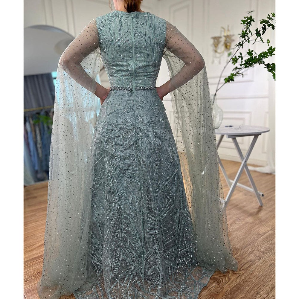 Serene Hill Muslim Blue A Line Cape Sleeves Beaded Luxury Dubai Long Evening Dresses Gowns 2025 For Women Wedding Party LA72153 - SERENE HILL