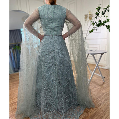 Serene Hill Muslim Blue A Line Cape Sleeves Beaded Luxury Dubai Long Evening Dresses Gowns 2025 For Women Wedding Party LA72153 - SERENE HILL
