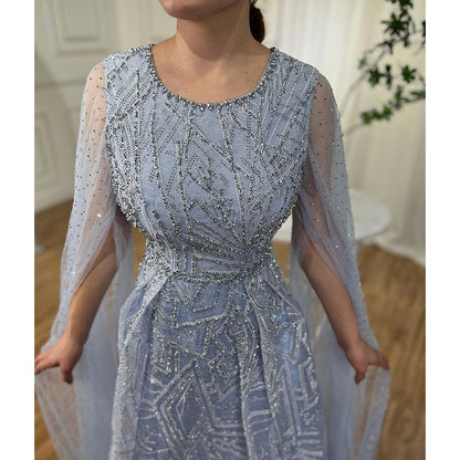 Serene Hill Muslim Blue A Line Cape Sleeves Beaded Luxury Dubai Long Evening Dresses Gowns 2025 For Women Wedding Party LA72153 - SERENE HILL