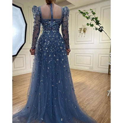 Serene Hill Muslim Blue A Line Evening Dresses Luxury Beaded Formal Gowns 2025 For Women Party LA71762A - SERENE HILL