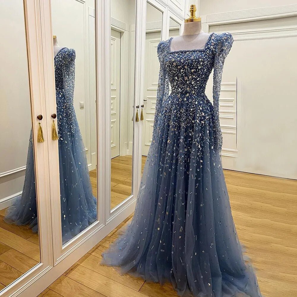 Serene Hill Muslim Blue A Line Evening Dresses Luxury Beaded Formal Go SERENE HILL Serene Hill Muslim Blue A Line Evening Dresses Luxury Beaded Formal Go SERENE HILL