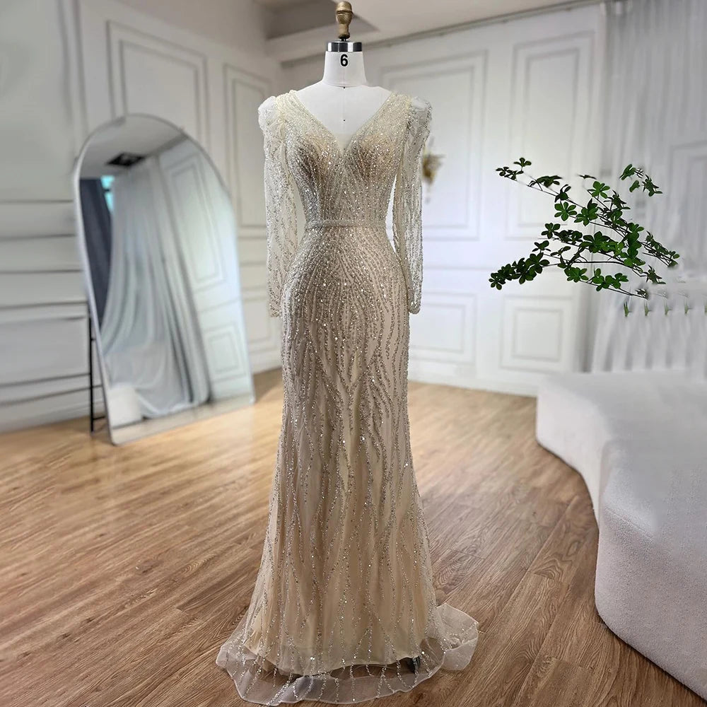 Luxury Blue Arabic Mermaid Beaded Evening Dress LA71931 - SERENE HILL