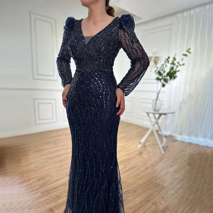 Luxury Blue Arabic Mermaid Beaded Evening Dress LA71931 - SERENE HILL