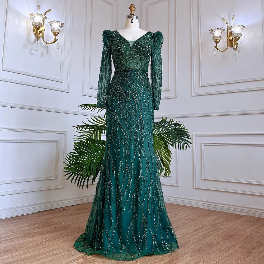 Luxury Blue Arabic Mermaid Beaded Evening Dress LA71931 - SERENE HILL