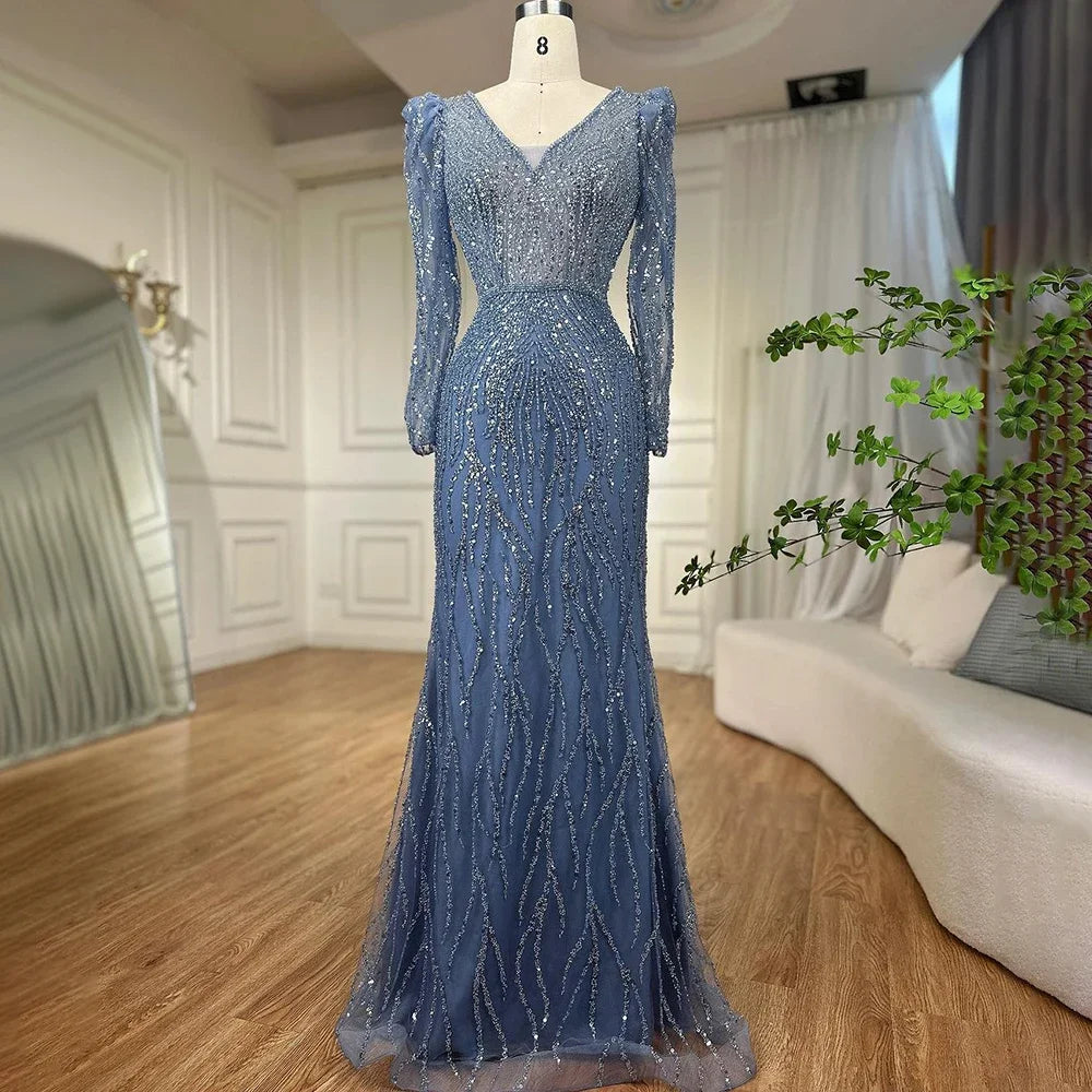 Luxury Blue Arabic Mermaid Beaded Evening Dress LA71931 - SERENE HILL