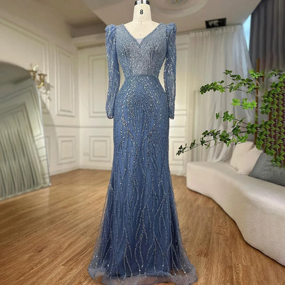 Luxury Blue Arabic Mermaid Beaded Evening Dress LA71931 - SERENE HILL