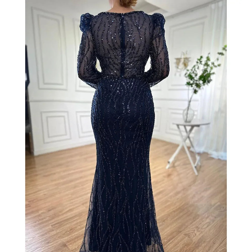 Luxury Blue Arabic Mermaid Beaded Evening Dress LA71931 - SERENE HILL