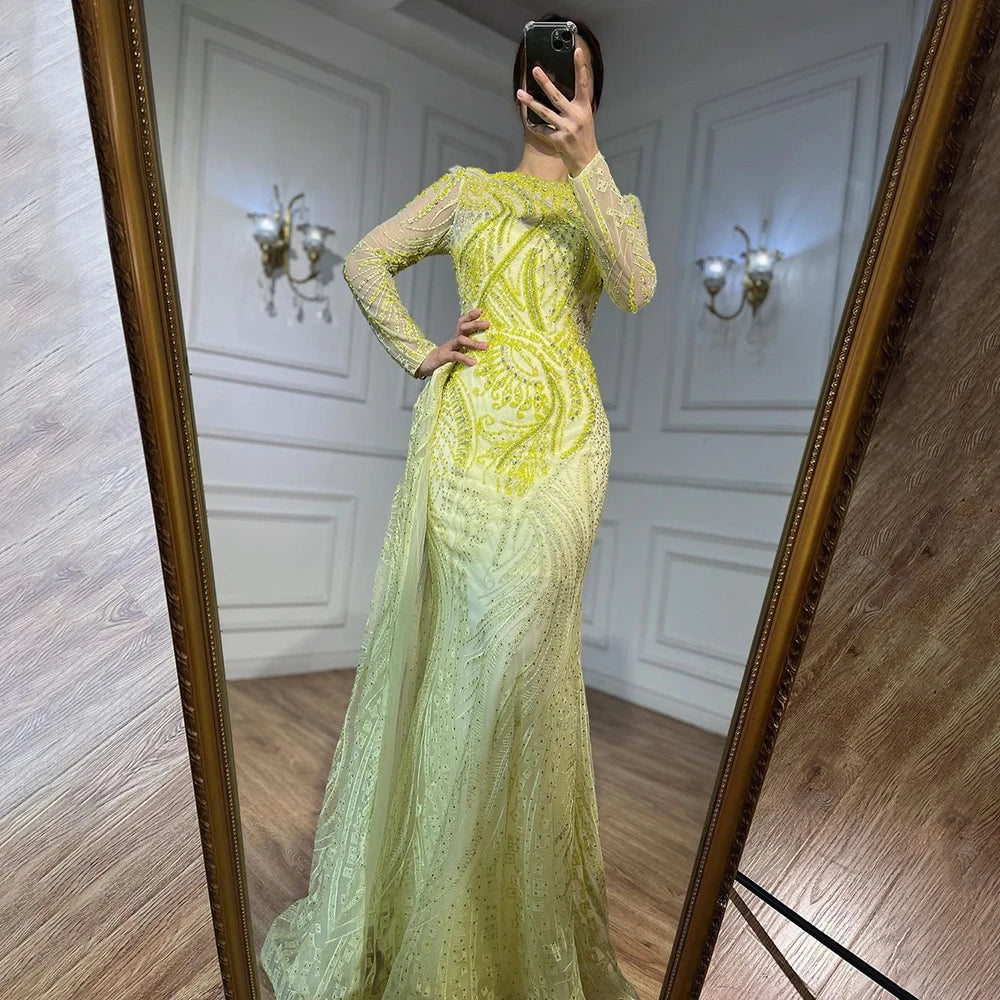 Luxury Dubai Blue Mermaid Muslim Evening Dress Overskirt Long Sleeve LA71829 - SERENE HILL