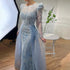 Serene Hill Muslim Blue Mermaid Over Skirt Evening Dresses Beads Puff Shoulder Formal Gowns 2025 For Women Party LA72030 - SERENE HILL