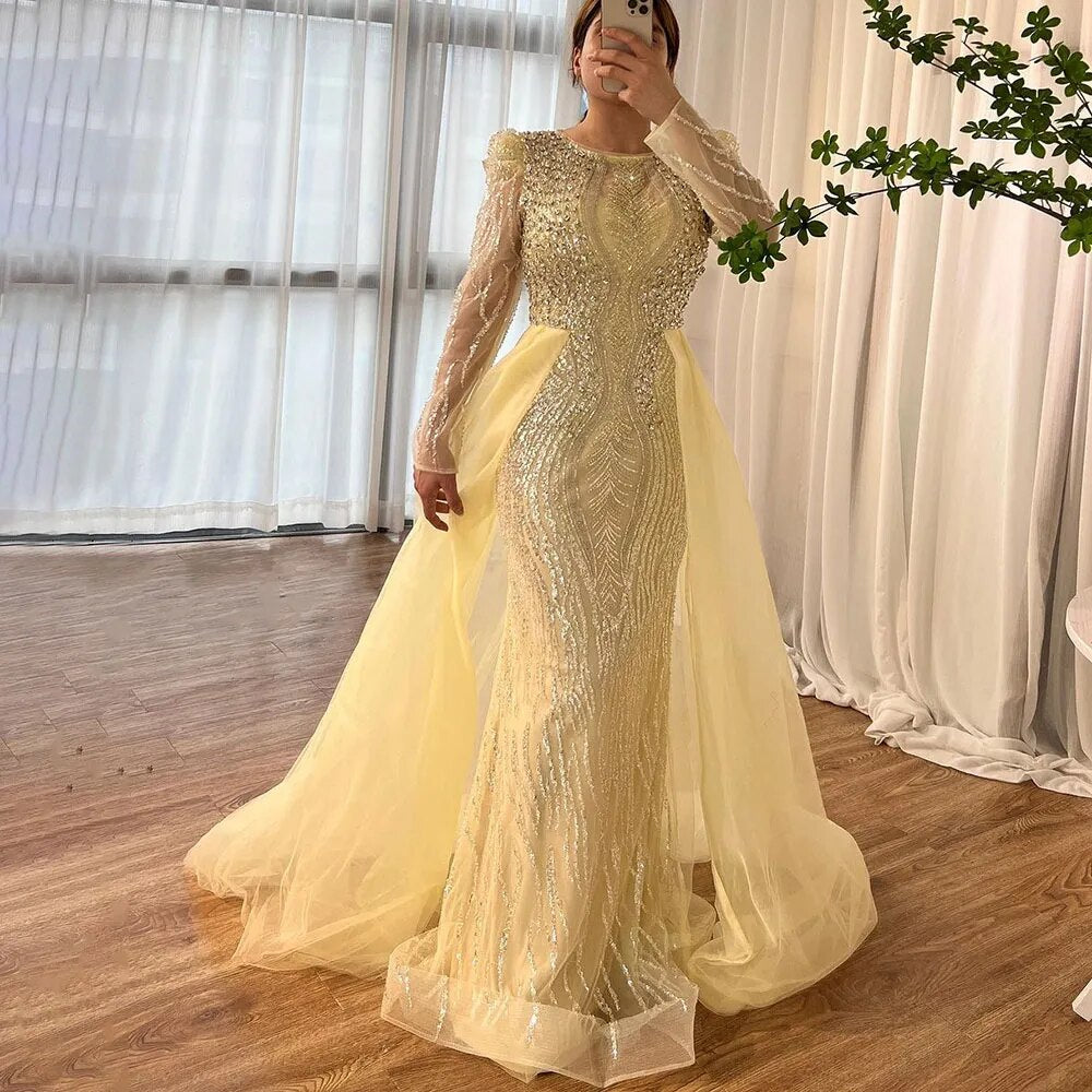 Serene Hill Muslim Blue Mermaid Over Skirt Evening Dresses Beads Puff Shoulder Formal Gowns 2025 For Women Party LA72030 - SERENE HILL