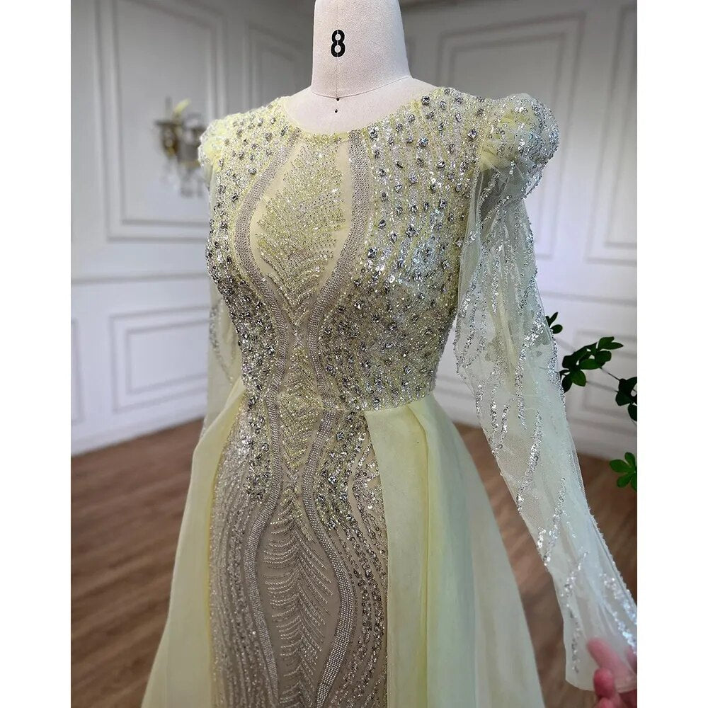 Serene Hill Muslim Blue Mermaid Over Skirt Evening Dresses Beads Puff Shoulder Formal Gowns 2025 For Women Party LA72030 - SERENE HILL