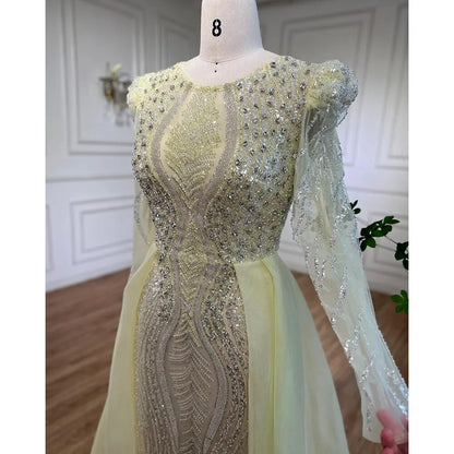 Serene Hill Muslim Blue Mermaid Over Skirt Evening Dresses Beads Puff Shoulder Formal Gowns 2025 For Women Party LA72030 - SERENE HILL