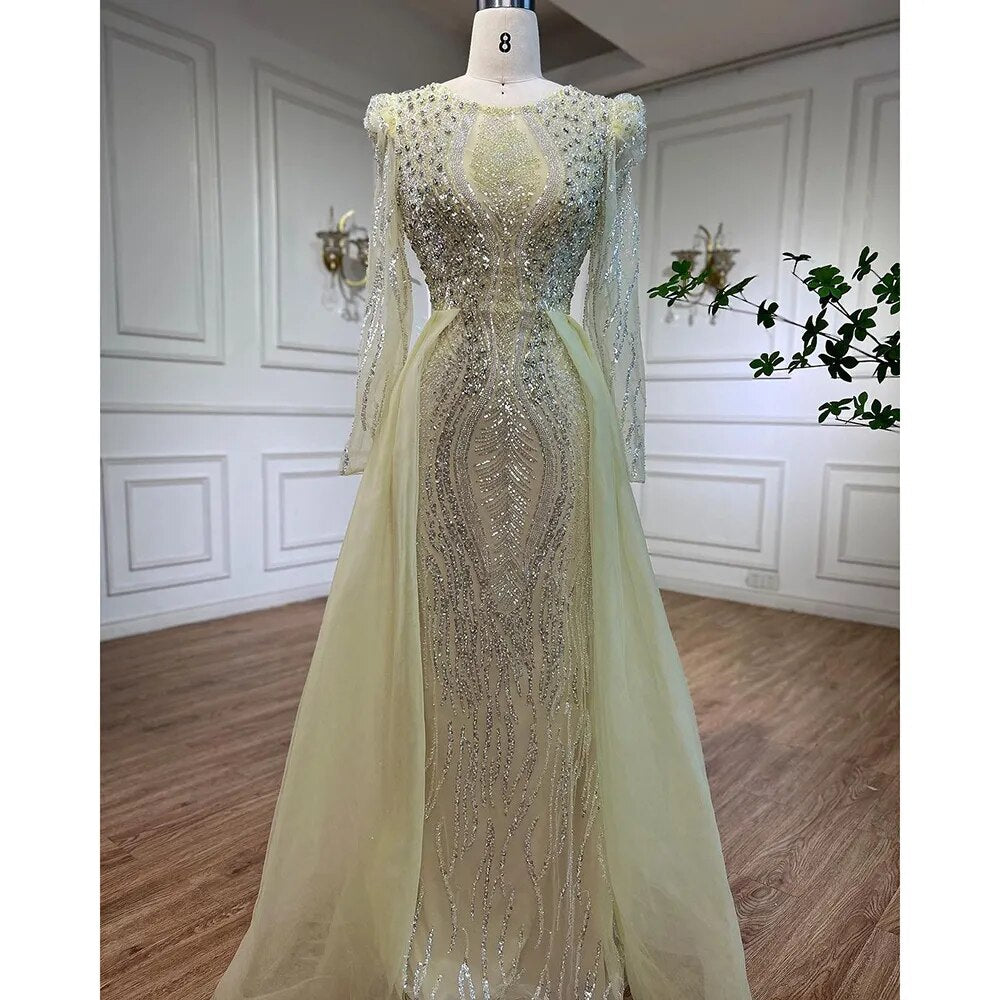 Serene Hill Muslim Blue Mermaid Over Skirt Evening Dresses Beads Puff Shoulder Formal Gowns 2025 For Women Party LA72030 - SERENE HILL