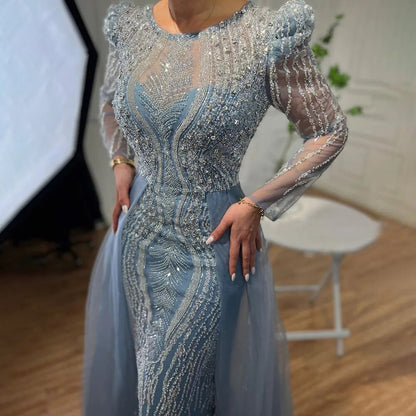 Serene Hill Muslim Blue Mermaid Over Skirt Evening Dresses Beads Puff Shoulder Formal Gowns 2025 For Women Party LA72030 - SERENE HILL