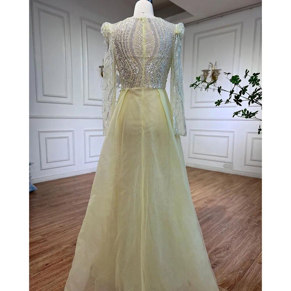 Serene Hill Muslim Blue Mermaid Over Skirt Evening Dresses Beads Puff Shoulder Formal Gowns 2025 For Women Party LA72030 - SERENE HILL