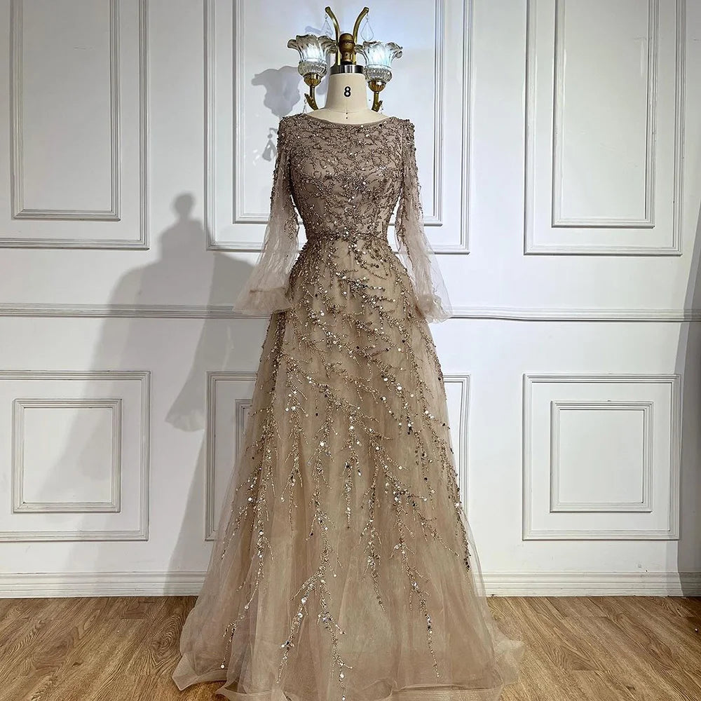 Serene Hill Muslim Caramel A Line Beaded Luxury Dubai Long Evening Dresses Gowns For Women Wedding Party 2025 LA71653A - SERENE HILL