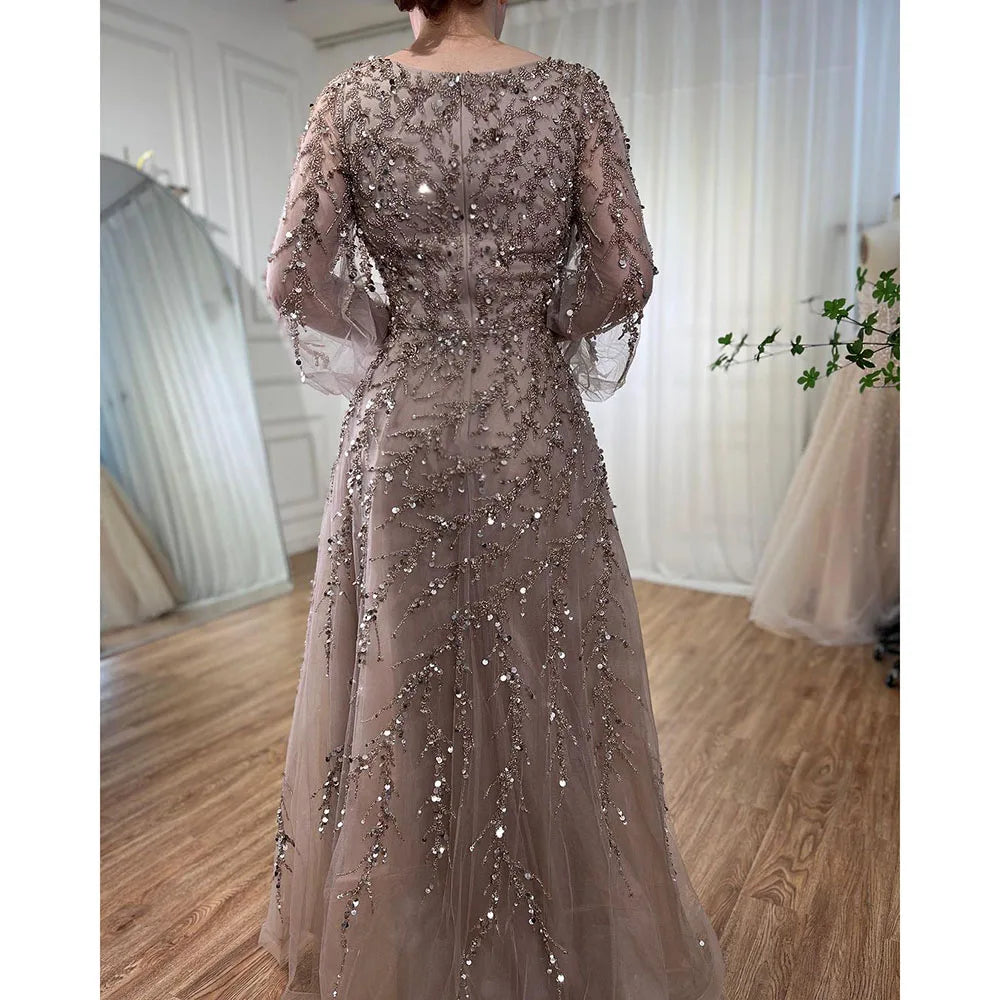 Serene Hill Muslim Caramel A Line Beaded Luxury Dubai Long Evening Dresses Gowns For Women Wedding Party 2025 LA71653A - SERENE HILL