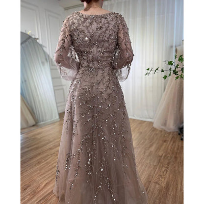 Serene Hill Muslim Caramel A Line Beaded Luxury Dubai Long Evening Dresses Gowns For Women Wedding Party 2025 LA71653A - SERENE HILL