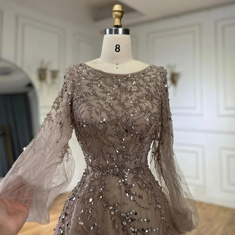 Serene Hill Muslim Caramel A Line Beaded Luxury Dubai Long Evening Dresses Gowns For Women Wedding Party 2025 LA71653A - SERENE HILL