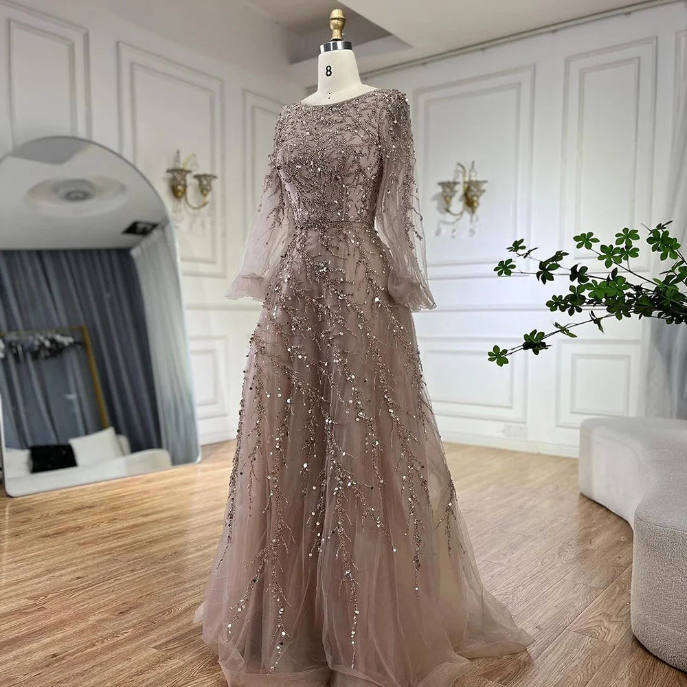 Serene Hill Muslim Caramel A Line Beaded Luxury Dubai Long Evening Dresses Gowns For Women Wedding Party 2025 LA71653A - SERENE HILL