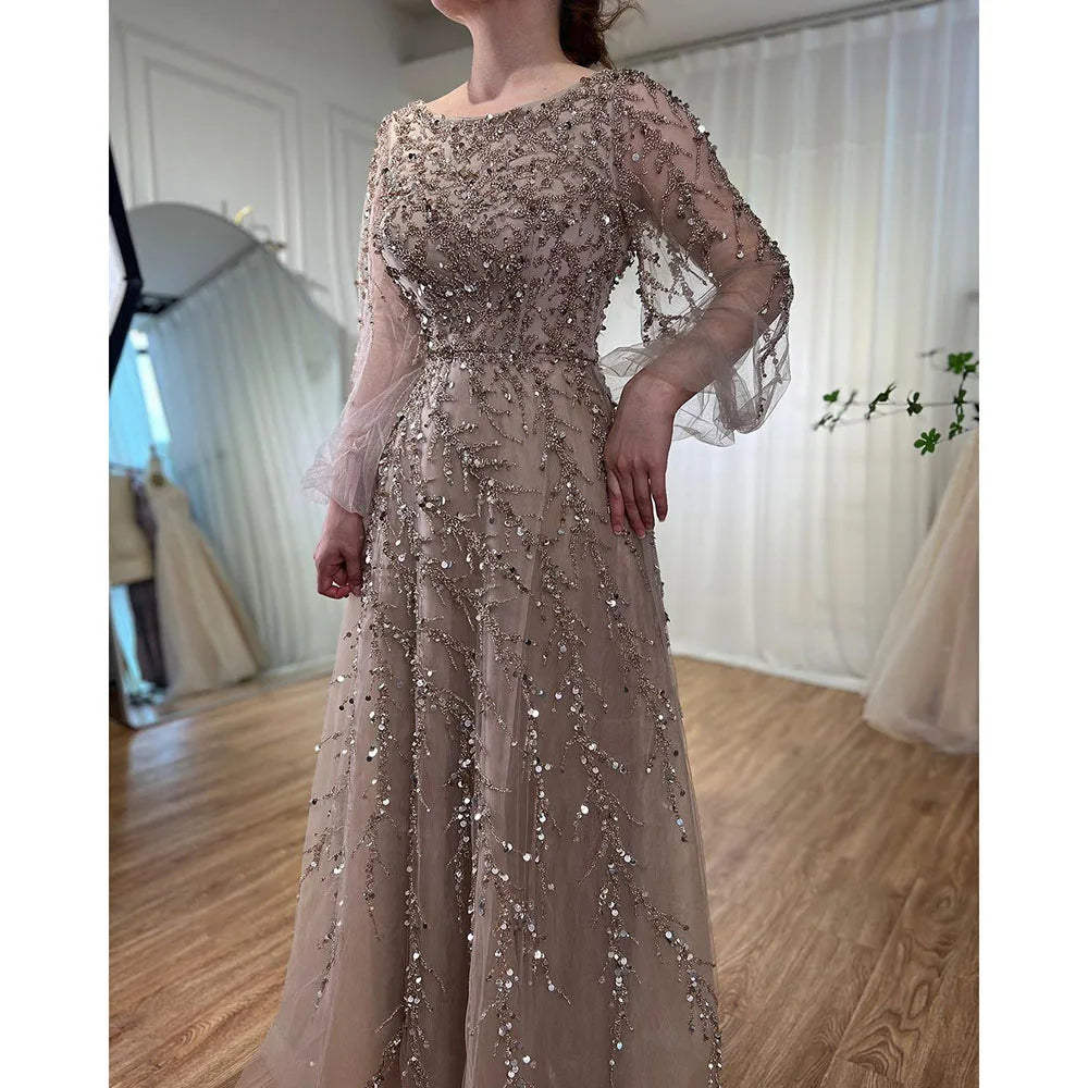 Serene Hill Muslim Caramel A Line Beaded Luxury Dubai Long Evening Dresses Gowns For Women Wedding Party 2025 LA71653A - SERENE HILL
