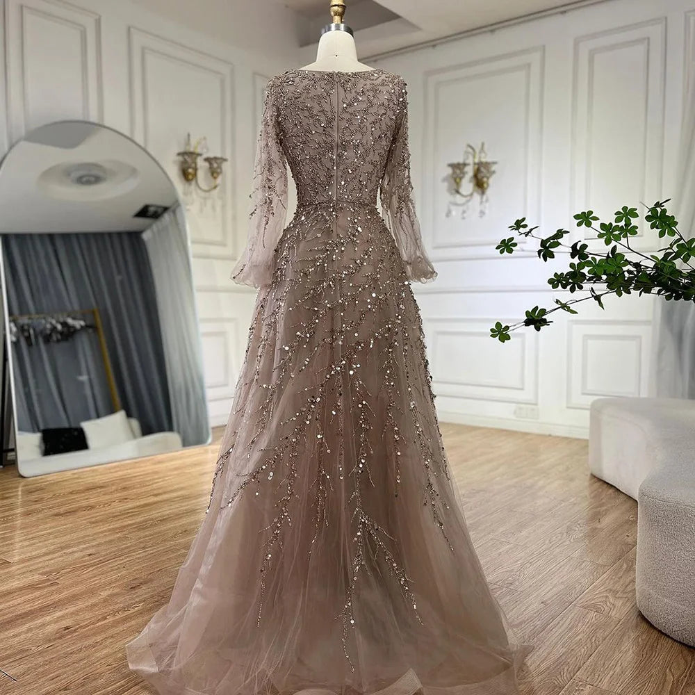 Serene Hill Muslim Caramel A Line Beaded Luxury Dubai Long Evening Dresses Gowns For Women Wedding Party 2025 LA71653A - SERENE HILL