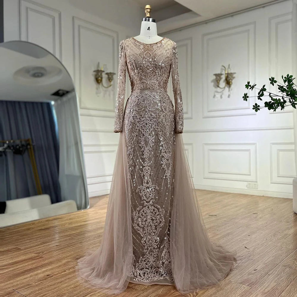 On Sale no return no refund Serene Hill Muslim Caramel Mermaid Evening Dresses Gowns 2025 Overskirt Luxury Beaded Elegant For Woman Party LA71558 - SERENE HILL