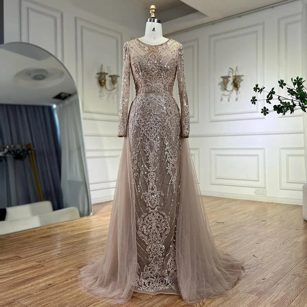 On Sale  no return no refund Serene Hill Muslim Caramel Mermaid Evening Dresses Gowns 2025 Overskirt Luxury Beaded Elegant For Woman Party LA71558