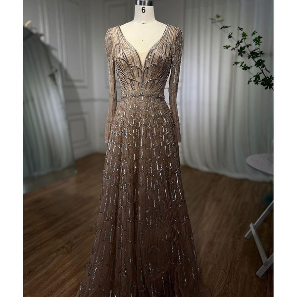 Serene Hill Muslim Designer Luxury Caramel A Line V Neck Beaded Evening Dresses Gowns For Women Wedding Party 2025 LA71940