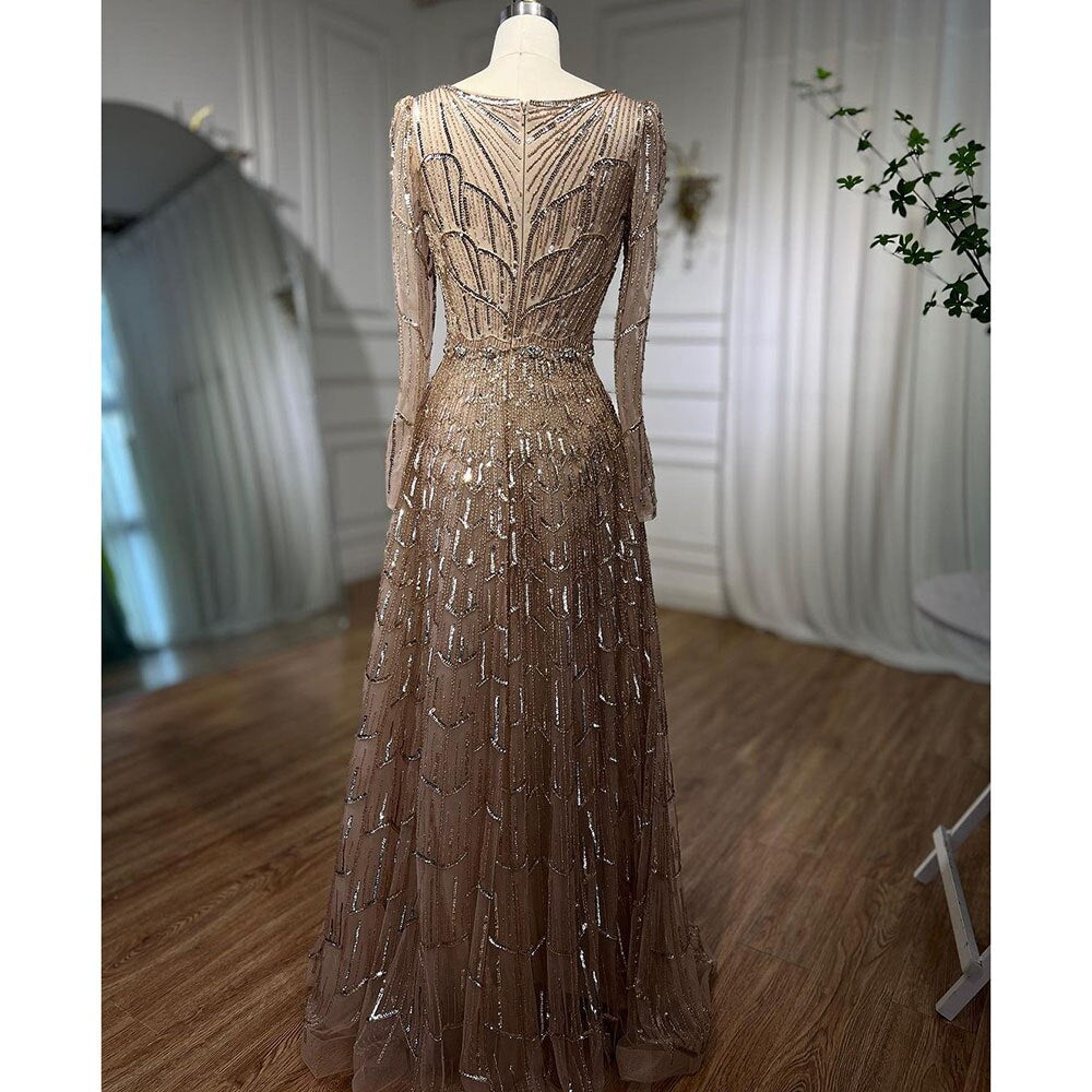 Serene Hill Muslim Designer Luxury Caramel A Line V Neck Beaded Evening Dresses Gowns For Women Wedding Party 2025 LA71940 - SERENE HILL